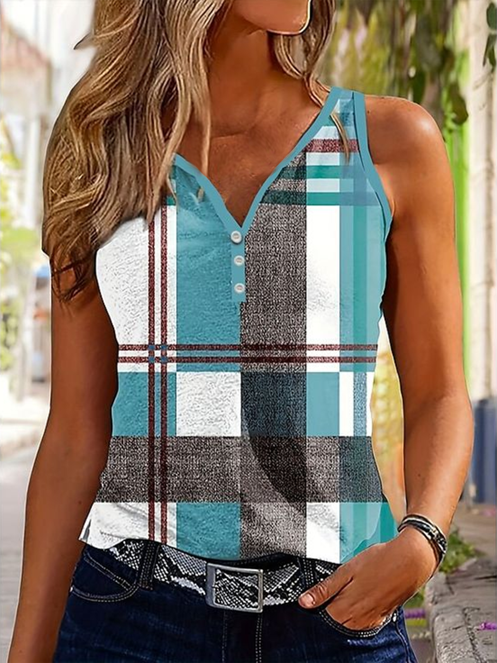 Women Sleeveless Tank Top Camisole Summer Plaid Printing V Neck Daily Casual Top