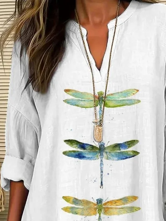 Women Dragonfly Long Sleeve Blouse Spring/Fall Printing V Neck Daily Casual Top