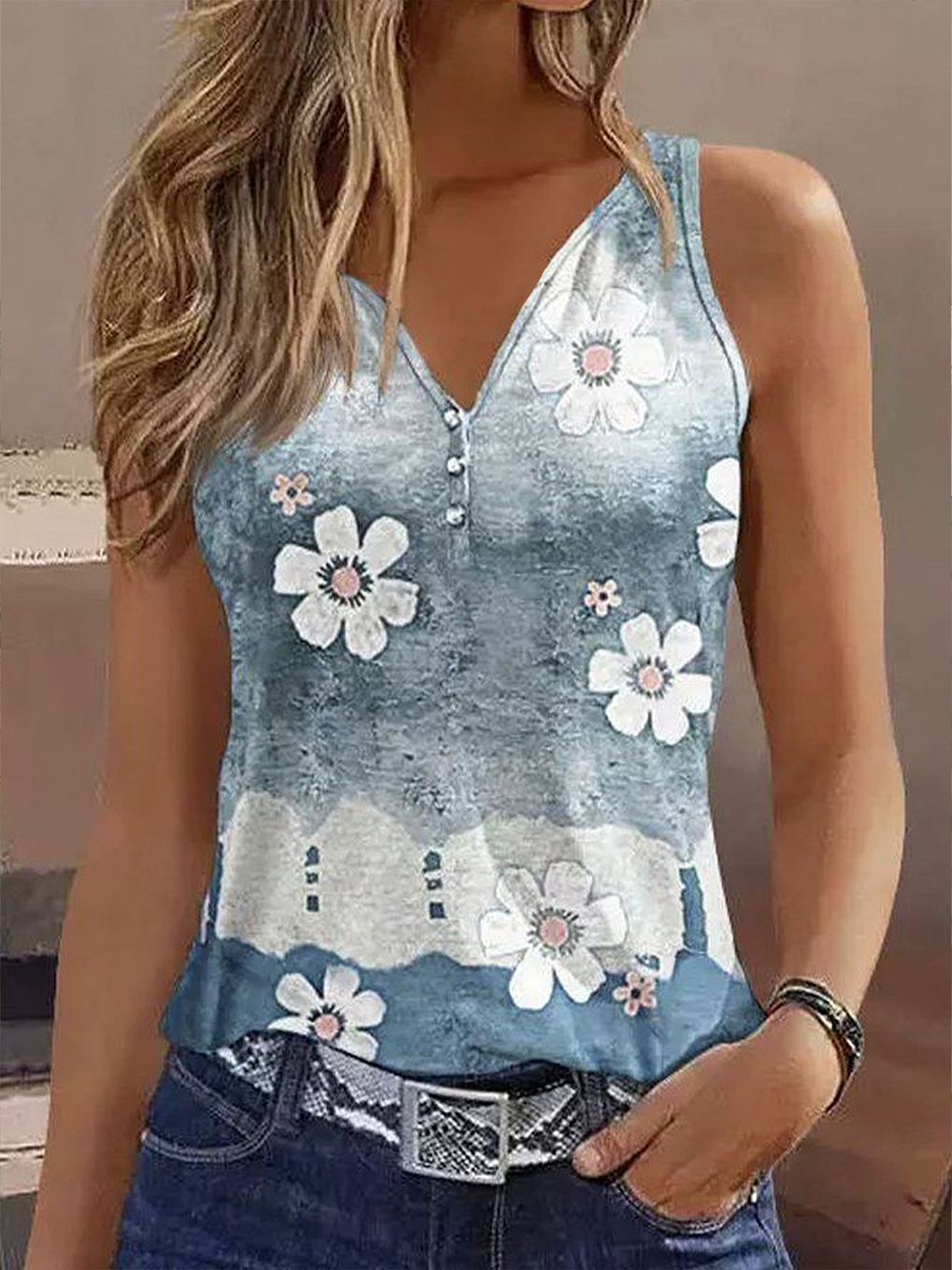 Women Sleeveless Tank Top Camisole Summer Floral Printing V Neck Daily Casual Top