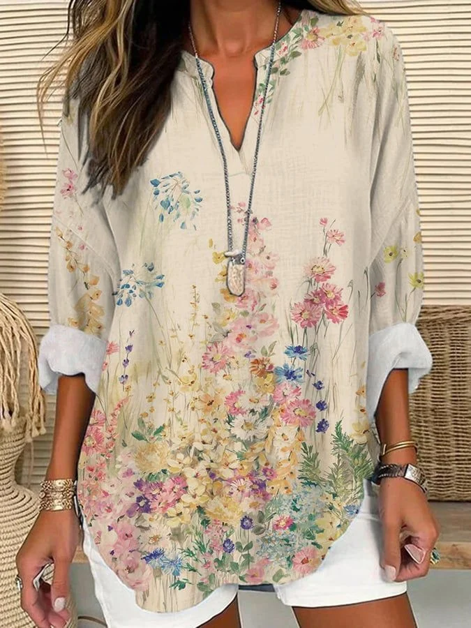 Women Floral Long Sleeve Blouse Spring/Fall Printing V Neck Daily Casual Top