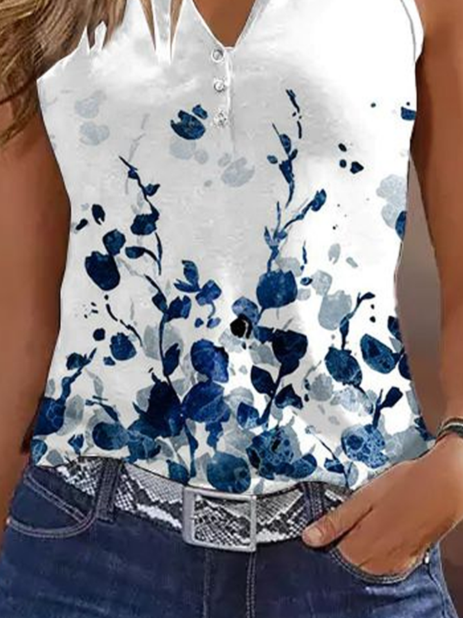 Women Sleeveless Tank Top Camisole Summer Floral Printing V Neck Daily Casual Top