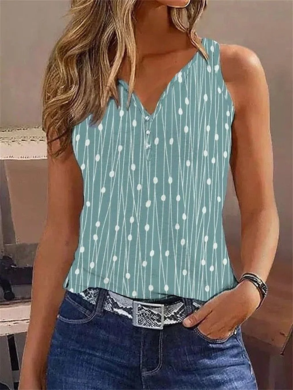 Women Sleeveless Tank Top Camisole Summer Floral Printing V Neck Daily Casual Top