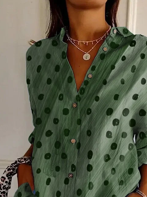 Women Polka Dots Long Sleeve Shirt Spring/Fall Buckle Shirt Collar Daily Casual Top