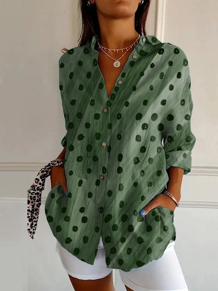 Women Polka Dots Long Sleeve Shirt Spring/Fall Buckle Shirt Collar Daily Casual Top