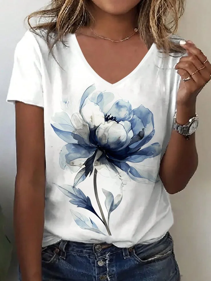 Women Floral Short Sleeve Tee T-shirt V Neck Printing Casual Summer Graphic Tee Top