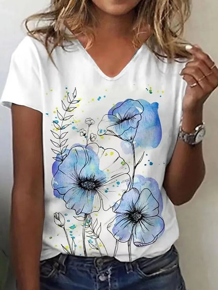 Women Floral Short Sleeve Tee T-shirt V Neck Printing Casual Summer Graphic Tee Top