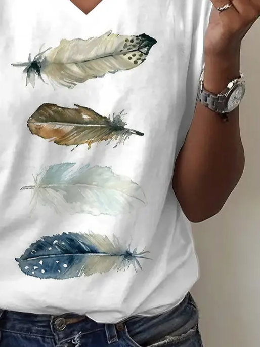 Women Feather Short Sleeve Tee T-shirt V Neck Printing Casual Summer Graphic Tee Top