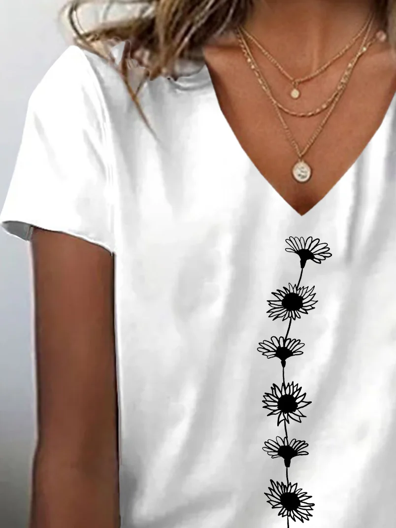 Women Floral Short Sleeve Tee T-shirt V Neck Printing Casual Summer Graphic Tee Top