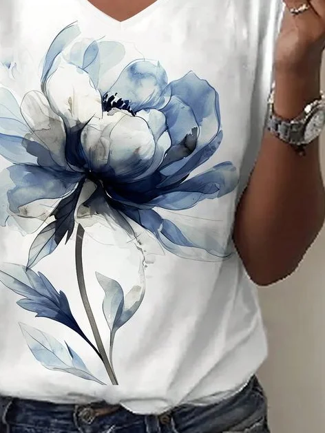 Women Floral Short Sleeve Tee T-shirt V Neck Printing Casual Summer Graphic Tee Top