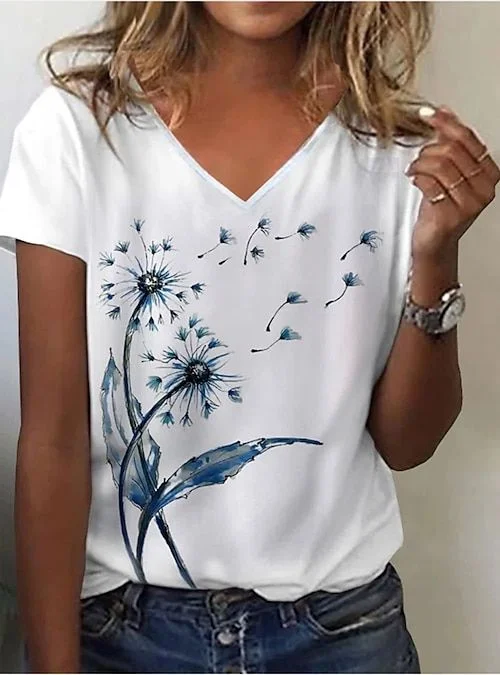 Women Floral Short Sleeve Tee T-shirt V Neck Printing Casual Summer Graphic Tee Top