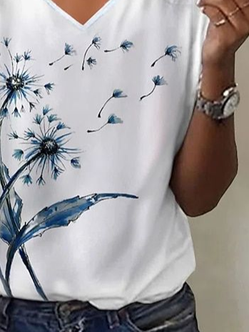 Women Floral Short Sleeve Tee T-shirt V Neck Printing Casual Summer Graphic Tee Top