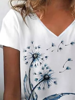 Women Floral Short Sleeve Tee T-shirt V Neck Printing Casual Summer Graphic Tee Top