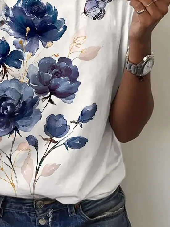 Women Floral Short Sleeve Tee T-shirt Crew Neck Printing Casual Summer Graphic Tee Top