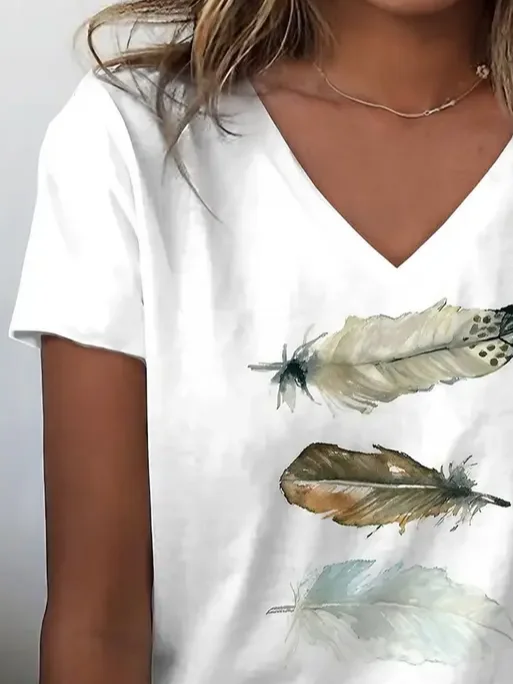 Women Feather Short Sleeve Tee T-shirt V Neck Printing Casual Summer Graphic Tee Top