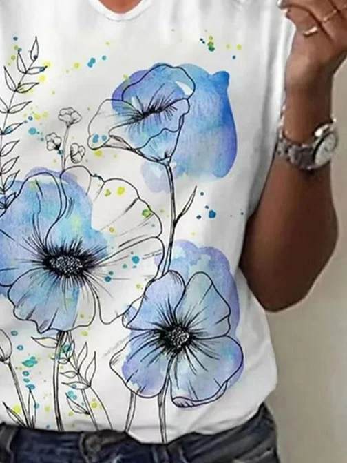 Women Floral Short Sleeve Tee T-shirt V Neck Printing Casual Summer Graphic Tee Top