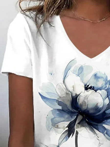 Women Floral Short Sleeve Tee T-shirt V Neck Printing Casual Summer Graphic Tee Top