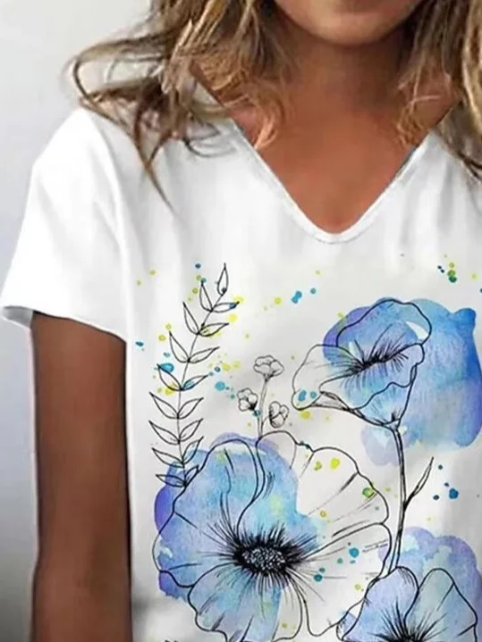 Women Floral Short Sleeve Tee T-shirt V Neck Printing Casual Summer Graphic Tee Top