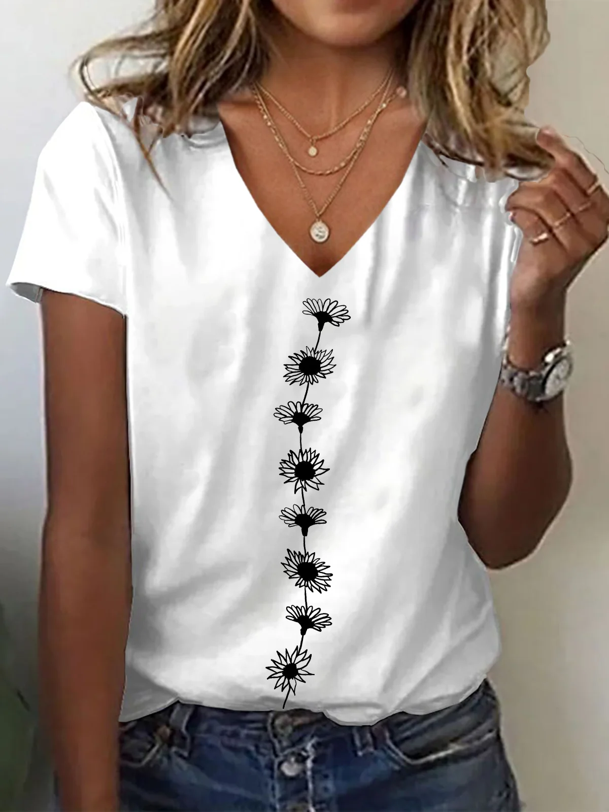 Women Floral Short Sleeve Tee T-shirt V Neck Printing Casual Summer Graphic Tee Top