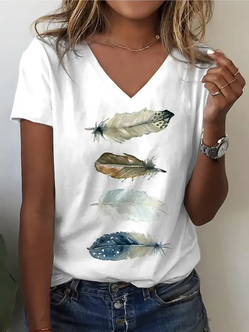 Women Feather Short Sleeve Tee T-shirt V Neck Printing Casual Summer Graphic Tee Top