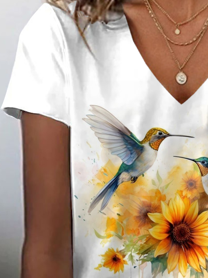 Women Floral Short Sleeve Tee T-shirt V Neck Printing Casual Summer Graphic Tee Top