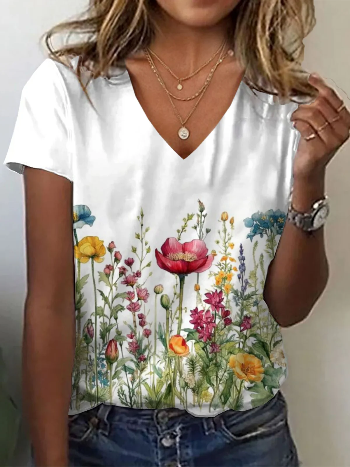 Women Floral Short Sleeve Tee T-shirt V Neck Printing Casual Summer Graphic Tee Top