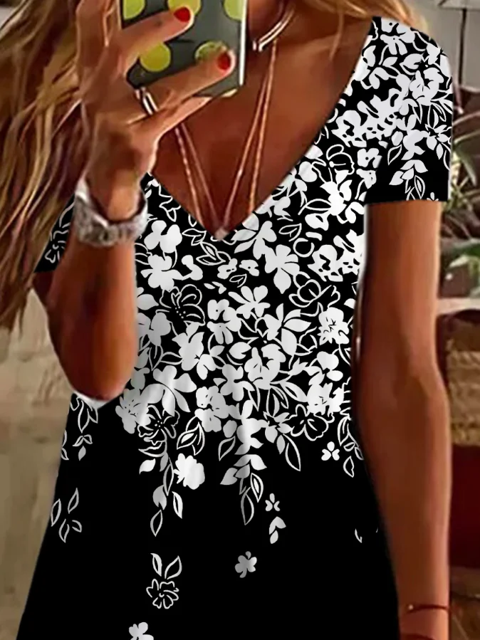 Women Floral Short Sleeve Summer Printing Dress V Neck Daily Casual Midi Fit & Flare Dress A-Line Dress