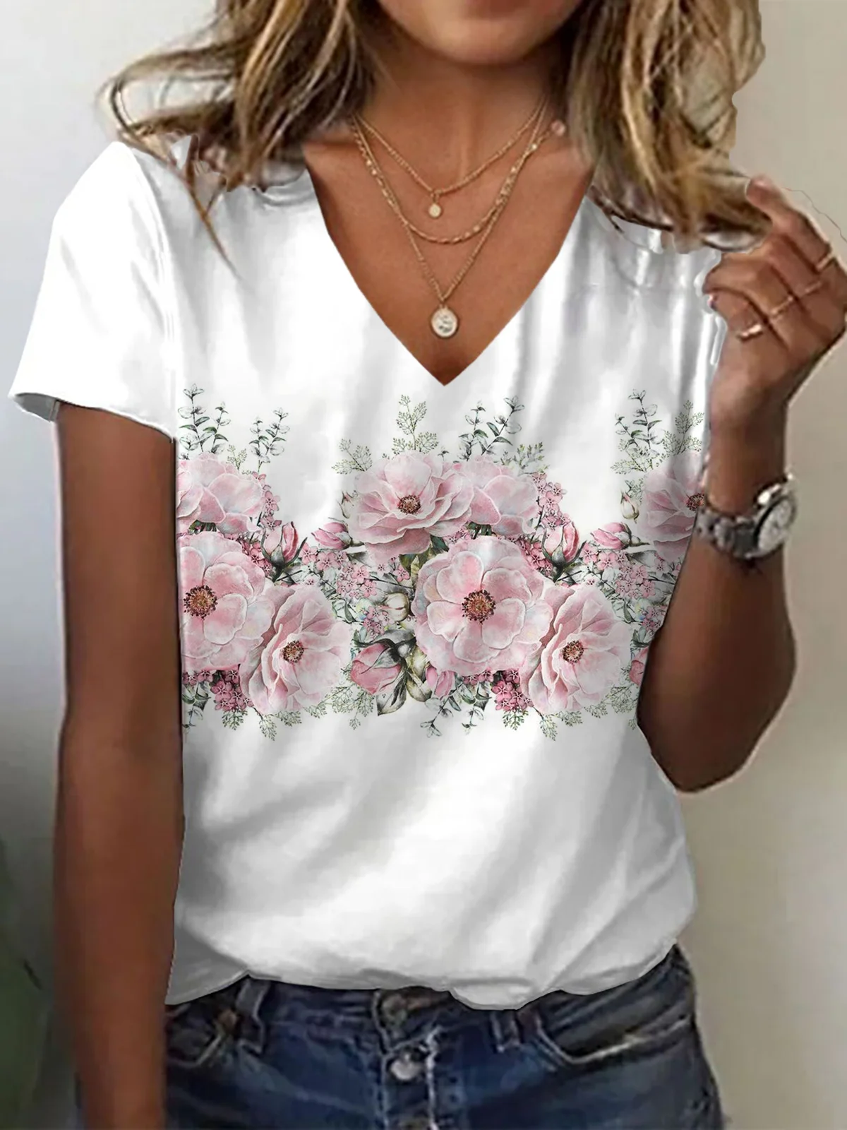 Women Floral Short Sleeve Tee T-shirt V Neck Printing Casual Summer Graphic Tee Top