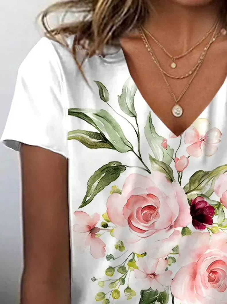 Women Floral Short Sleeve Tee T-shirt V Neck Printing Casual Summer Graphic Tee Top