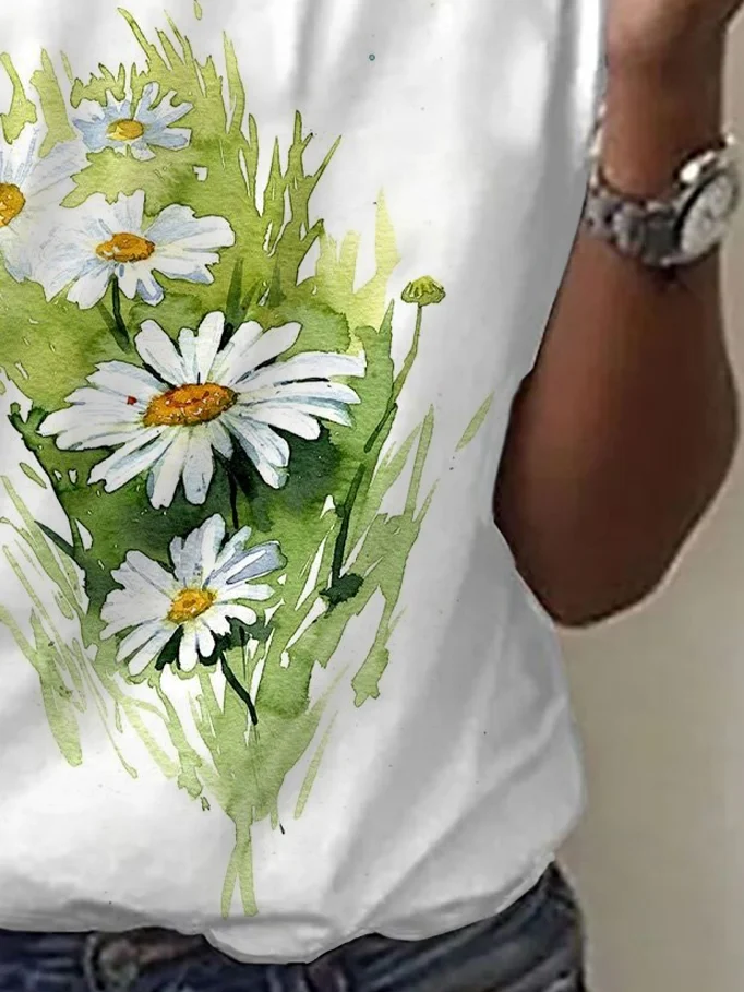 Women Floral Short Sleeve Tee T-shirt V Neck Printing Casual Summer Graphic Tee Top