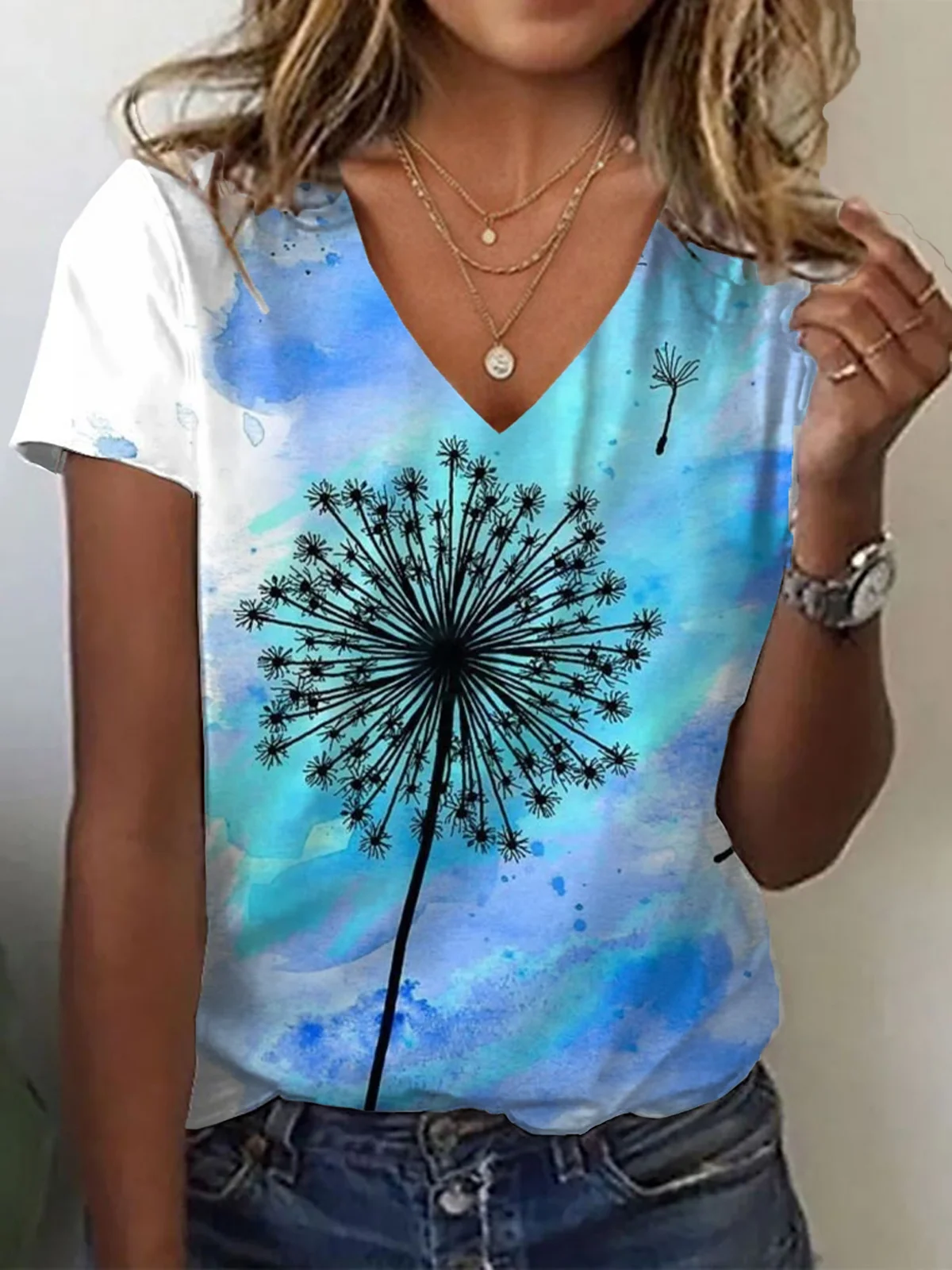 Women Floral Short Sleeve Tee T-shirt V Neck Printing Casual Summer Graphic Tee Top