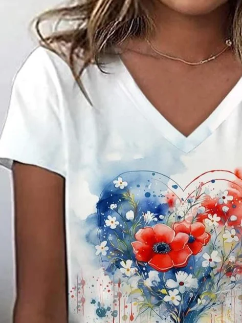 Women Floral Short Sleeve Tee T-shirt V Neck Printing Casual Summer Graphic Tee Top