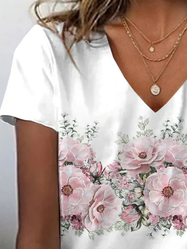 Women Floral Short Sleeve Tee T-shirt V Neck Printing Casual Summer Graphic Tee Top