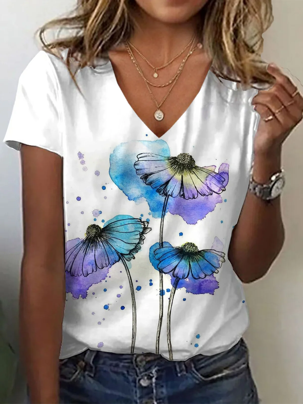 Women Floral Short Sleeve Tee T-shirt V Neck Printing Casual Summer Graphic Tee Top