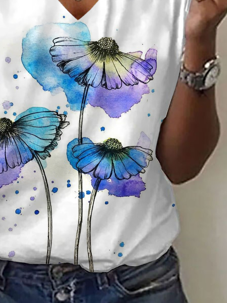 Women Floral Short Sleeve Tee T-shirt V Neck Printing Casual Summer Graphic Tee Top