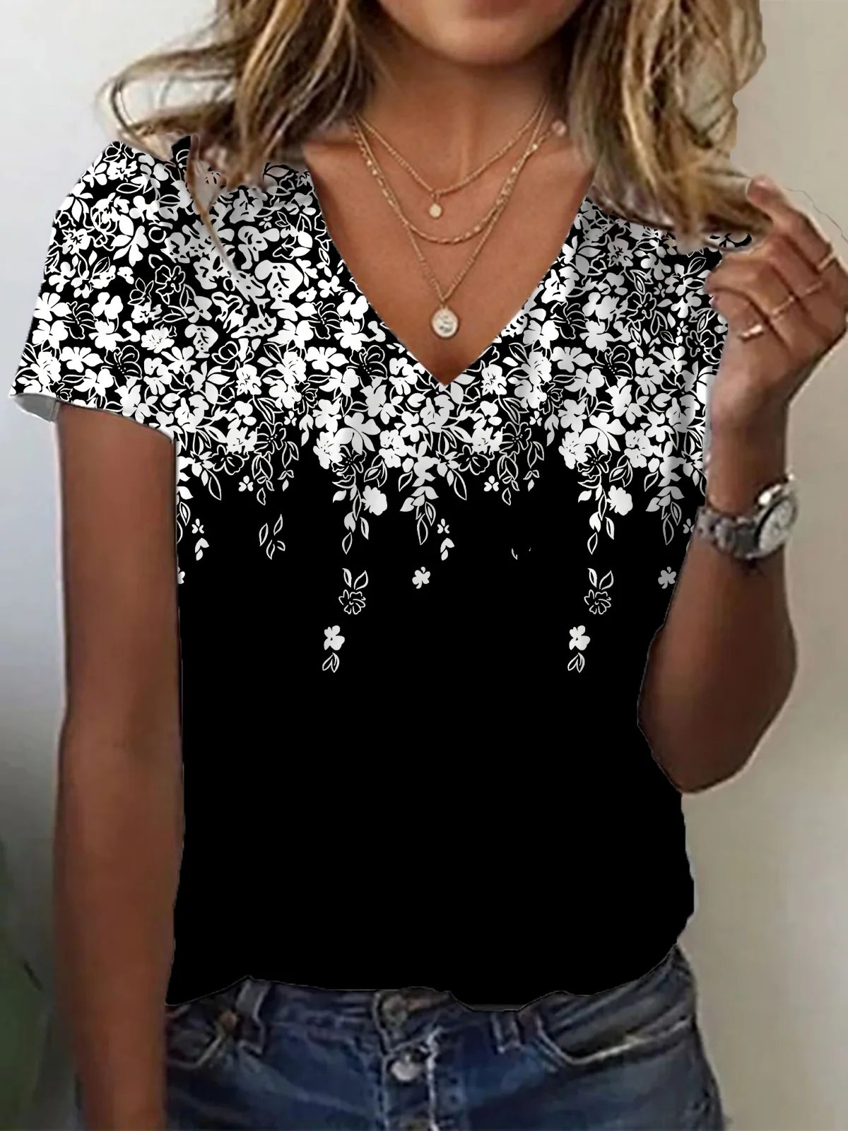 Women Floral Short Sleeve Tee T-shirt V Neck Printing Casual Summer Graphic Tee Top