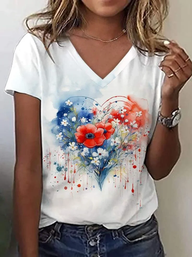 Women Floral Short Sleeve Tee T-shirt V Neck Printing Casual Summer Graphic Tee Top