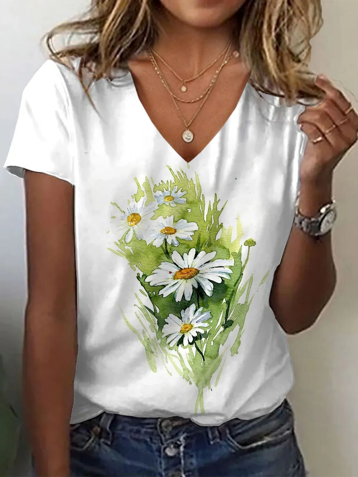 Women Floral Short Sleeve Tee T-shirt V Neck Printing Casual Summer Graphic Tee Top