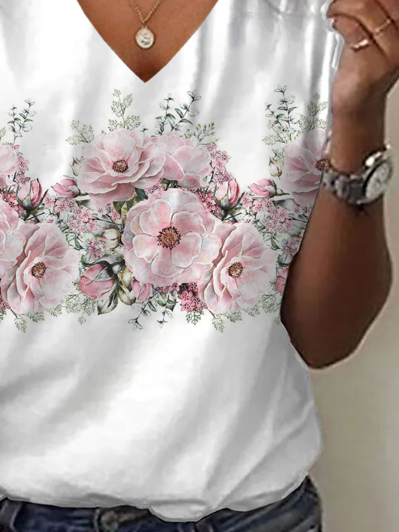 Women Floral Short Sleeve Tee T-shirt V Neck Printing Casual Summer Graphic Tee Top