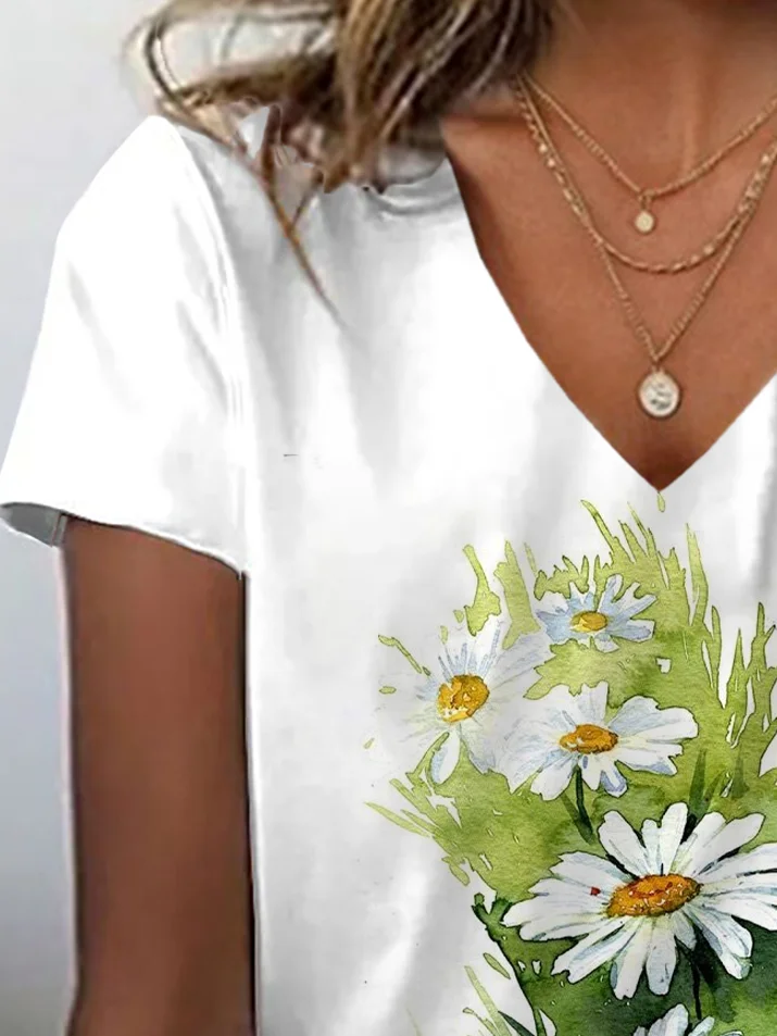 Women Floral Short Sleeve Tee T-shirt V Neck Printing Casual Summer Graphic Tee Top