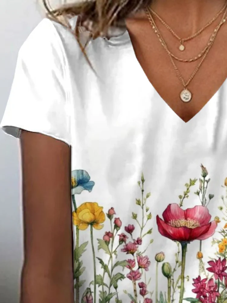 Women Floral Short Sleeve Tee T-shirt V Neck Printing Casual Summer Graphic Tee Top