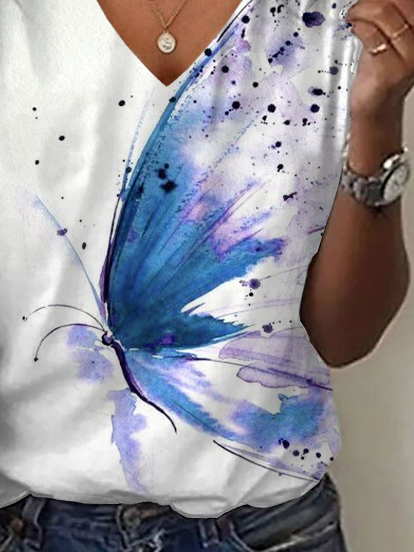 Women Butterfly Short Sleeve Tee T-shirt V Neck Printing Casual Summer Graphic Tee Top