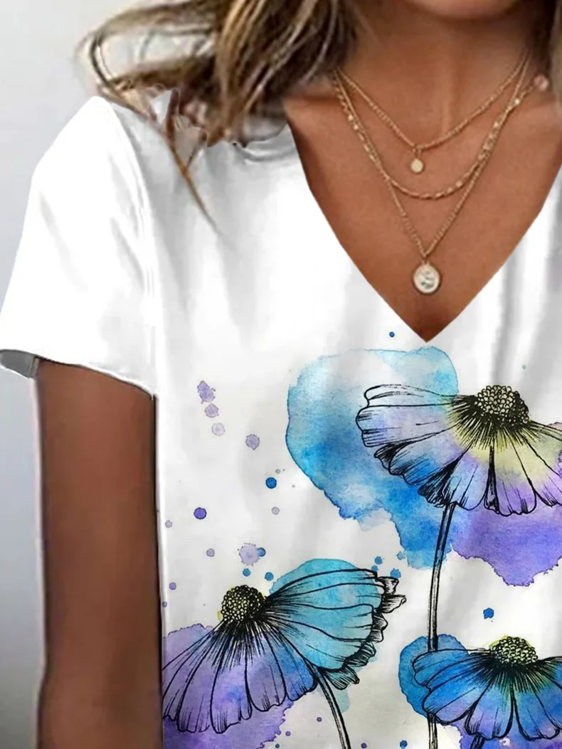 Women Floral Short Sleeve Tee T-shirt V Neck Printing Casual Summer Graphic Tee Top