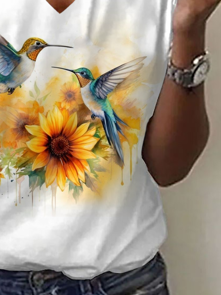 Women Floral Short Sleeve Tee T-shirt V Neck Printing Casual Summer Graphic Tee Top