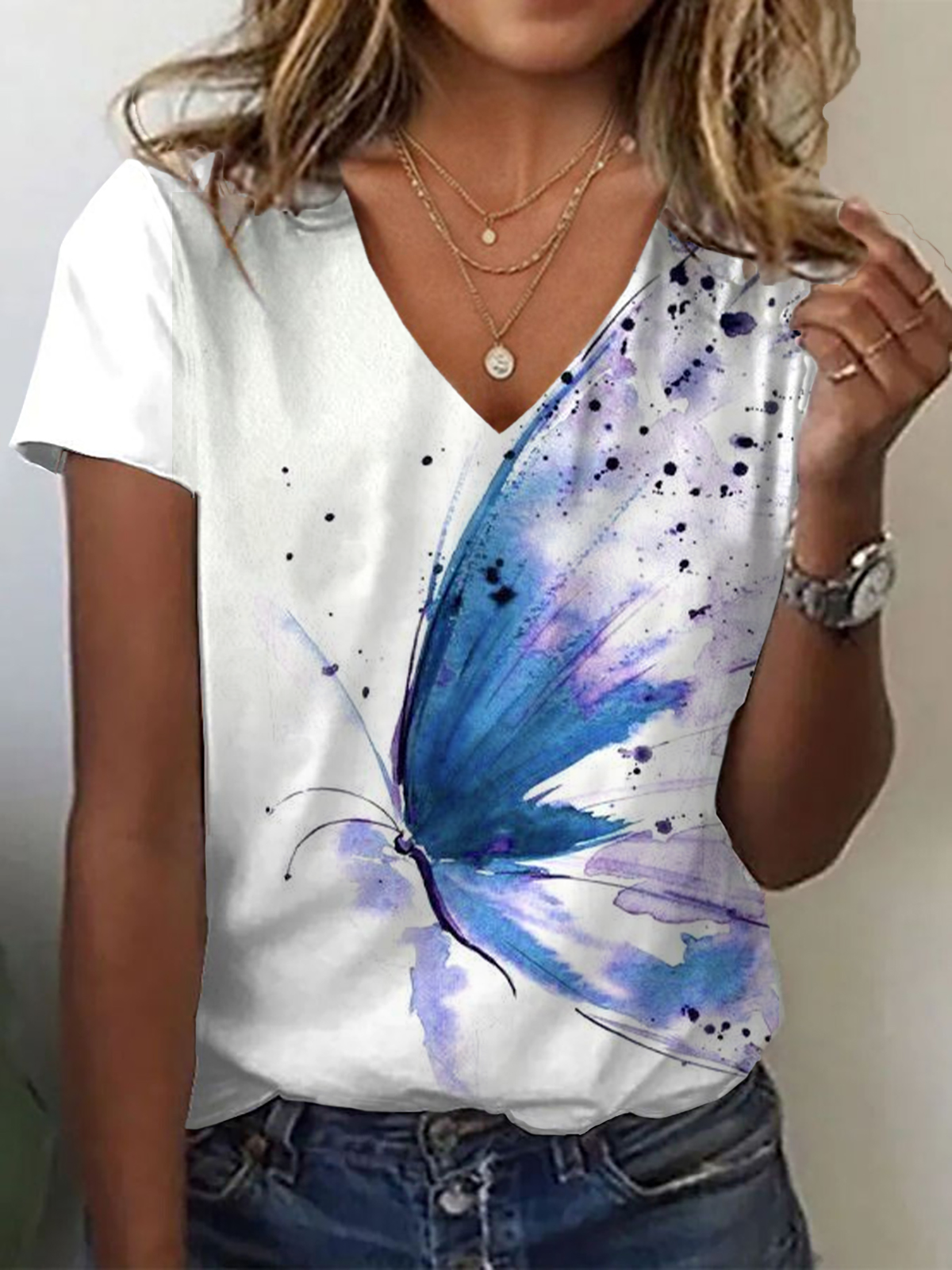 Women Butterfly Short Sleeve Tee T-shirt V Neck Printing Casual Summer Graphic Tee Top