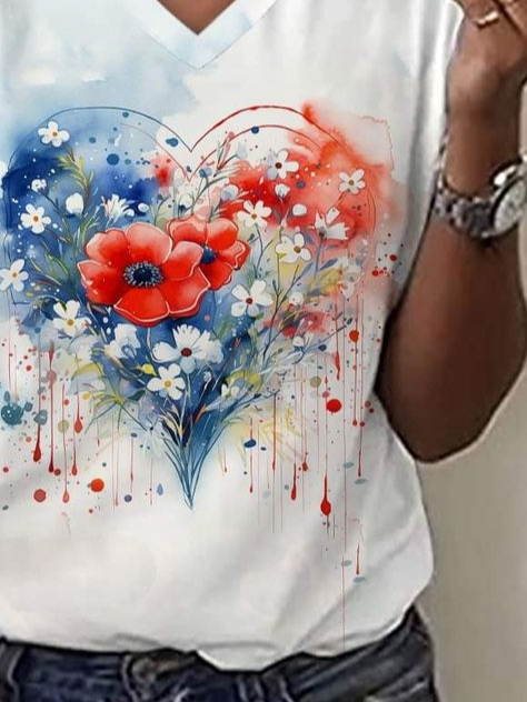 Women Floral Short Sleeve Tee T-shirt V Neck Printing Casual Summer Graphic Tee Top