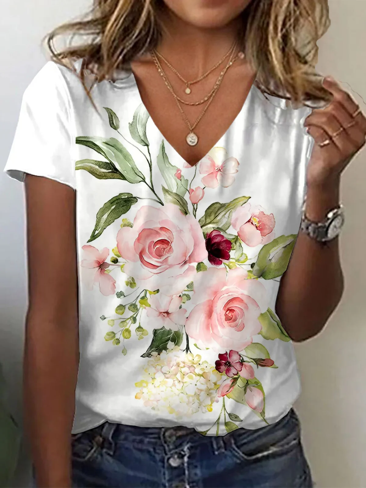 Women Floral Short Sleeve Tee T-shirt V Neck Printing Casual Summer Graphic Tee Top