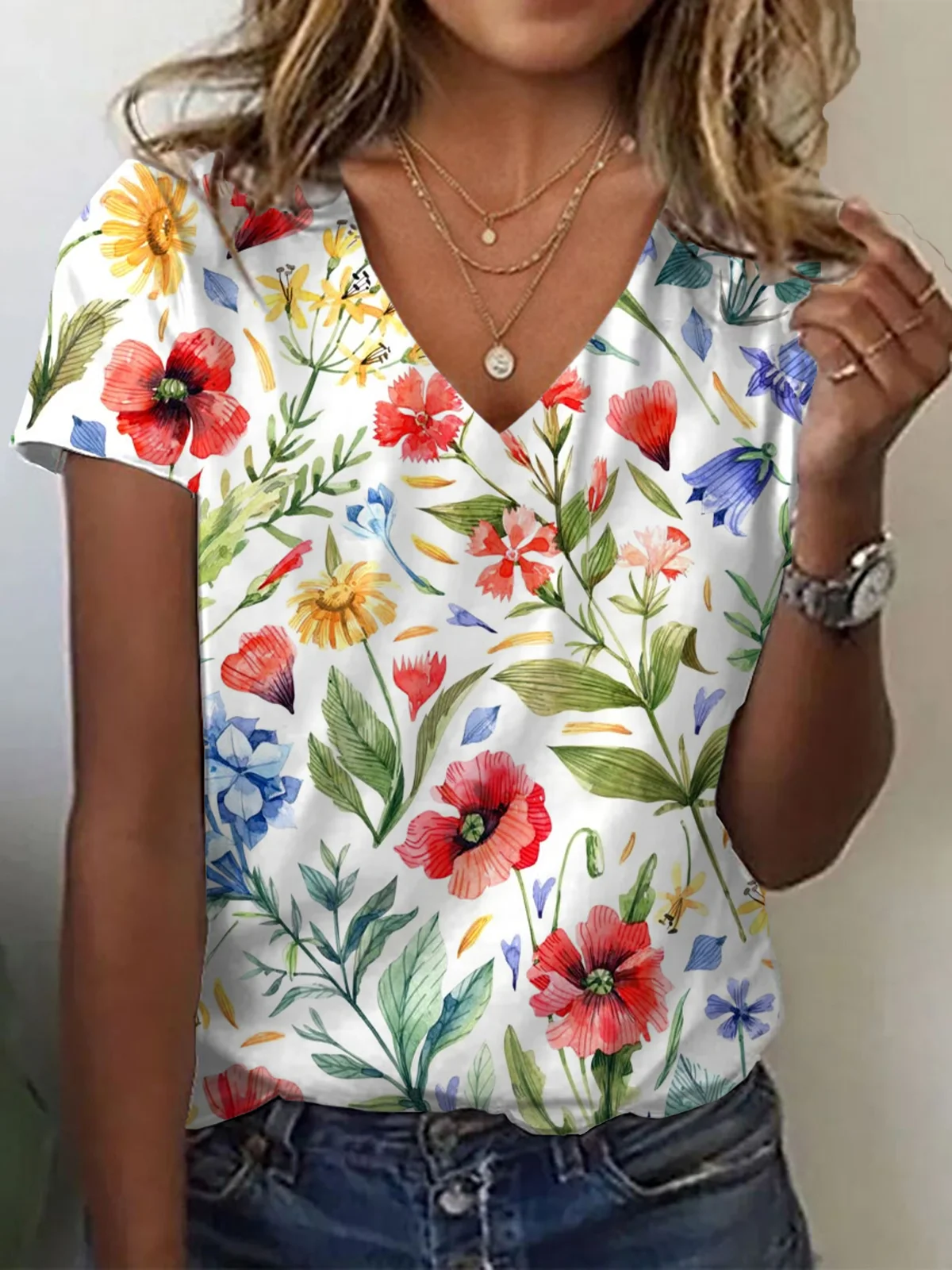 Women Floral Short Sleeve Tee T-shirt V Neck Printing Casual Summer Graphic Tee Top