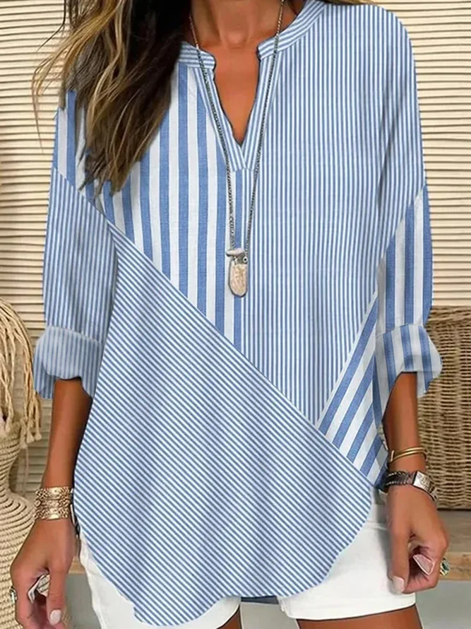 Women Striped Long Sleeve Blouse Spring/Fall Printing V Neck Daily Casual Top