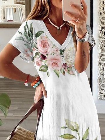 Women Floral Short Sleeve Summer Printing Dress V Neck Daily Casual Maxi X-Line Dress