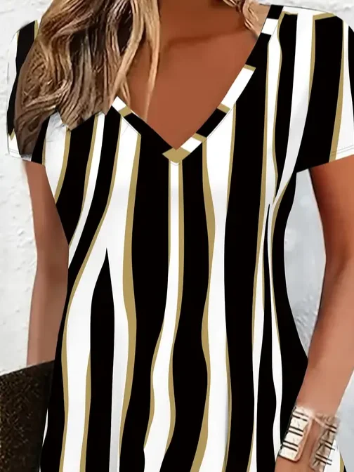 Women Striped Short Sleeve Summer Printing Dress V Neck Daily Casual Midi Fit & Flare Dress A-Line Dress